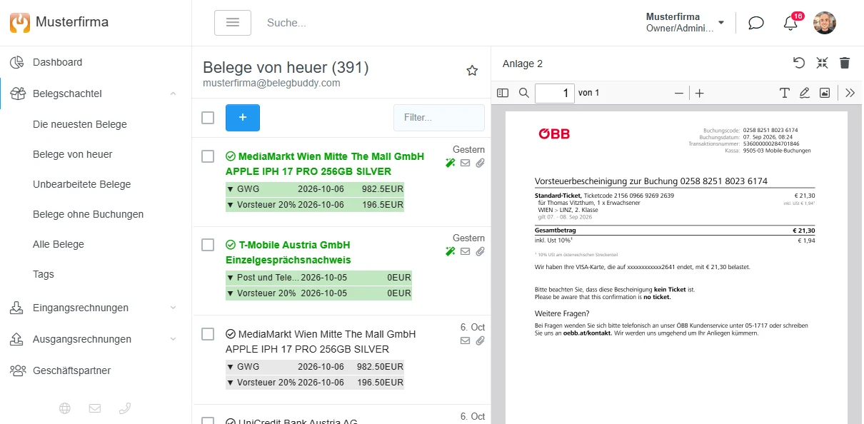 belegbuddy.com App: Posteingang mit Belegen und ausgelesenen Listeneinträgen